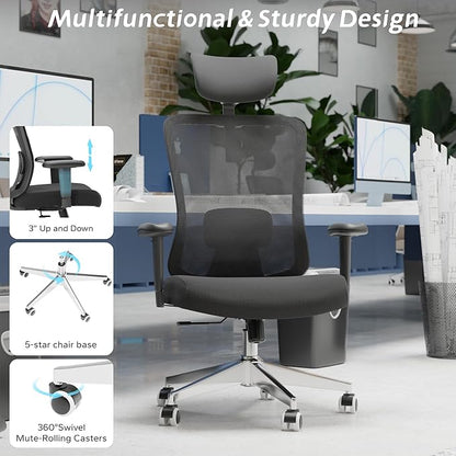 Ergonomic Office Chair with Adjustable Lumbar Support & Flip-Up Armrests - High Back Computer Desk Chair with Thickened Seat Cushion, Rolling Wheels for Home/Office Study Work (05black)