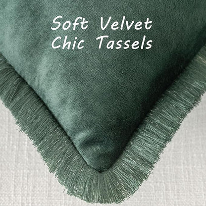FUTEI Christmas Army Green Velvet Decorative Throw Pillow Covers 12x20 Set of 2,Soft Cozy Edge with Tassels Lumbar Pillow Cases,Boho Modern Home Decor for Couch Bed Living Room
