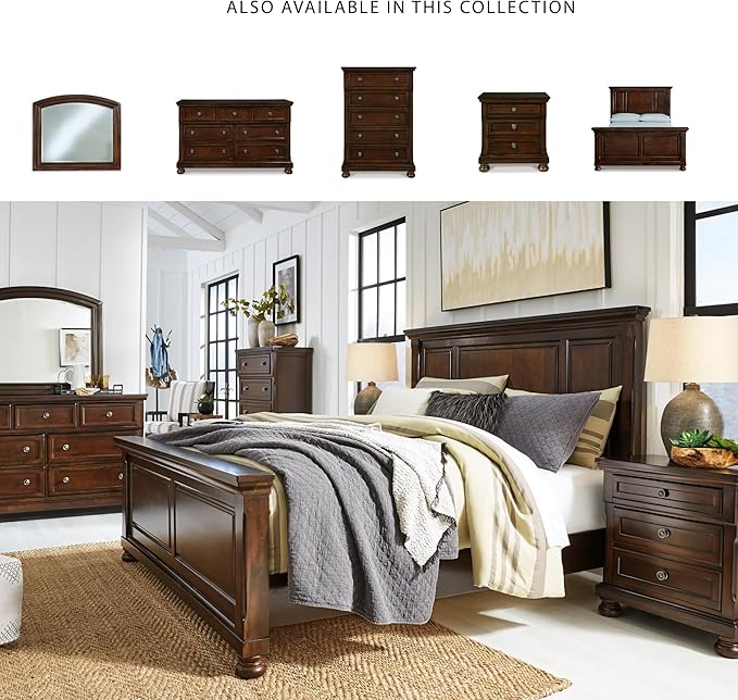 Signature Design by Ashley Porter Traditional Queen Panel Bed, Hand-Finished, Foundation or Box Spring Needed, Wood, 67.81" W x 88.25" D x 60.25" H, Dark Brown