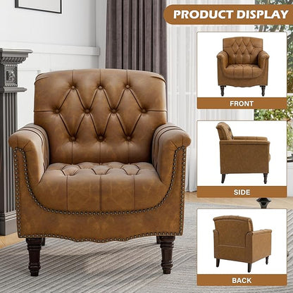 UIXE Faux Leather Accent Chairs Set of 2, Comfy Club Chair Upholstered Armchair for Living Room, Button Tufted Arm Chair Retro Single Sofa Side Reding Seat for Bedroom - Camel