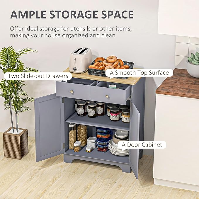 HOMCOM Sideboard with Solid Wood Countertop, Modern Kitchen Storage Cabinet, Coffee Bar Cabinet with 2 Drawers, Doors and Adjustable Shelf, Gray