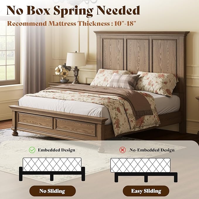 AMERLIFE Solid Wood King Bed Frame with 65.2" High Headboard, Traditional Platform Bed with Heavy Duty Slats, No Box Spring Needed, Easy Assembly, Light Brown