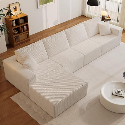 139" Boneless Cloud Sectional Couch for Living Room, Compressed Modular L-Shaped Sofa with Deep Seat, Frameless Corduroy Couch in Boxes, No Assembly Required 4-Seater (Left-Facing Chaise, Beige)