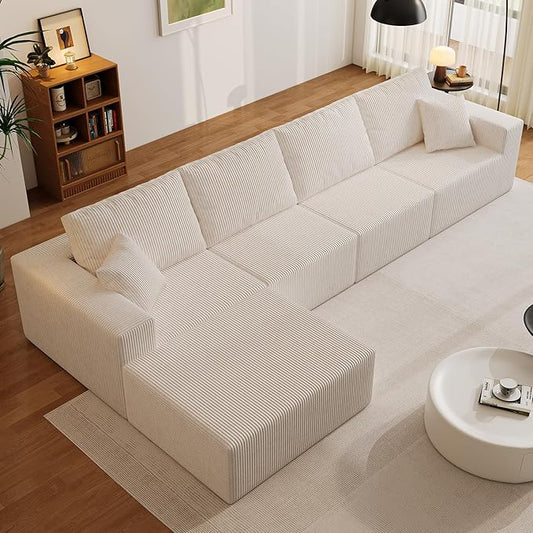 139" Boneless Cloud Sectional Couch for Living Room, Compressed Modular L-Shaped Sofa with Deep Seat, Frameless Corduroy Couch in Boxes, No Assembly Required 4-Seater (Left-Facing Chaise, Beige)