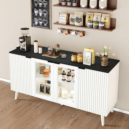 JASIWAY Buffet Cabinet with Storage 55" Fluted Sideboard with Glass Door Modern Coffee Bar Table Accent Credenza Cabinet for Dining Room, Kitchen, Living Room, Hallway, White and Black
