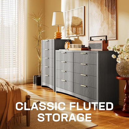 Marsail Fluted 8-Drawer Wide Wooden Dresser, Smooth Gliding Drawers & Large Capacity Storage Space, Modern Organizer Cabinet for Bedroom or Hallway, Light Grey