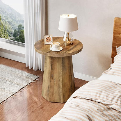 Tribesigns Farmhouse Round End Table, Wooden Couch Side Table with Octagonal Base, Rustic Brown Nightstand Pedestal Accent Furniture for Living Room, Bedroom (2)