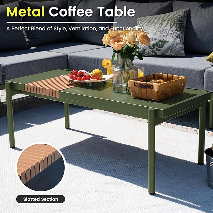 Sundale Outdoor 5 Pieces Metal Patio Furniture Set, Outdoor Sectional Sofa w/6 Inch Olefin Cushion and Coffee Table, Modern Outdoor Conversation Sets (4 Seats, Green Frame)