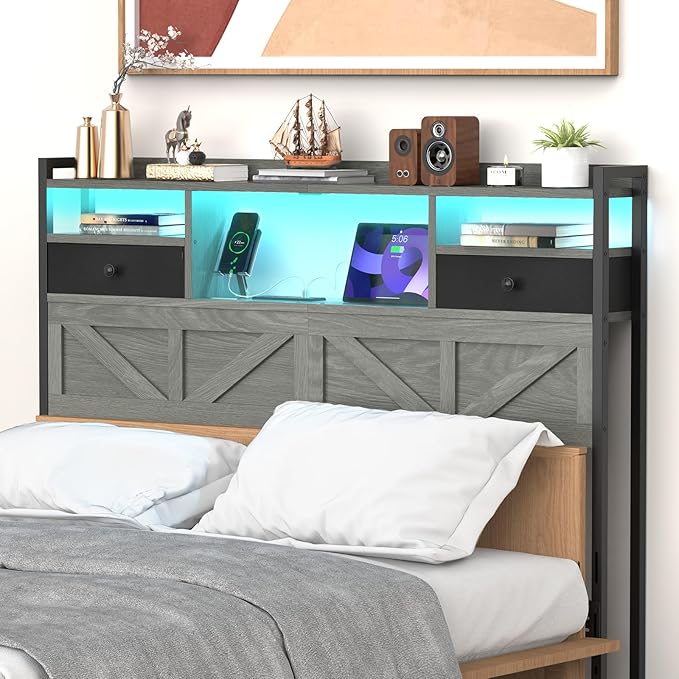 Queen Size Headboard with Drawers, Outlets & USB Ports,Sturdy Wood Bed Frame with Adjustable Height, Built-in LED Lighting (Grey, Queen 59 * 7.08 * 45.7)