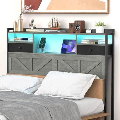 Queen Size Headboard with Drawers, Outlets & USB Ports,Sturdy Wood Bed Frame with Adjustable Height, Built-in LED Lighting (Grey, Queen 59 * 7.08 * 45.7)