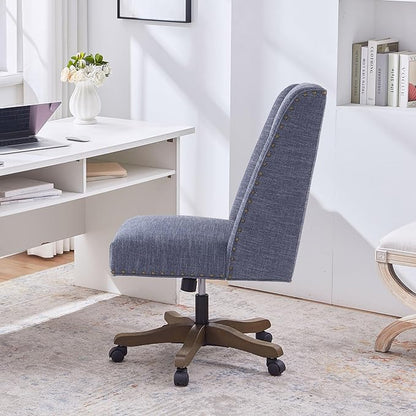 Armless Home Office Chair with Wooden Legs, Modern Adjustable Upholstered Office Desk Chair No Arms Computer Chair Swivel Chair for Home Office Study Studio (Blue)