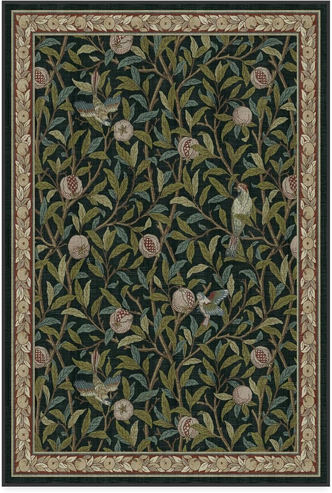 RUGGABLE x Morris & Co Washable Area Rug – Pomegranate Blue Green 4x6, Stain-Resistant, Non-Slip – Medium Machine Washable Rugs for Living Room, Bedroom, Hallway, Entryway & Office–with Standard Pad