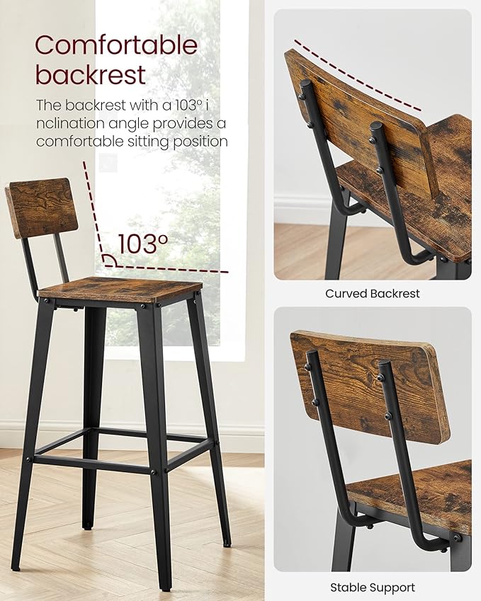 VASAGLE Set of 4 Bar Stools, Bar Height Stools, 29.1 Inches Tall Barstools with Back, Counter Bar Chairs for Kitchen Island, Steel Frame, Industrial Style, Easy Assembly, Rustic Brown and Ink Black