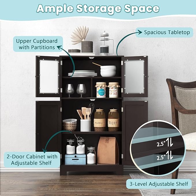 COSTWAY Bathroom Storage Cabinet, Wooden Linen Storage Organizer Cupboard with Doors & Adjustable Shelf, Freestanding Floor Cabinet for Living Room, Kitchen, Entryway, Office (Brown)