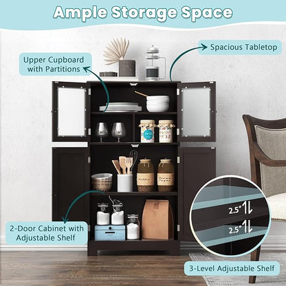COSTWAY Bathroom Storage Cabinet, Wooden Linen Storage Organizer Cupboard with Doors & Adjustable Shelf, Freestanding Floor Cabinet for Living Room, Kitchen, Entryway, Office (Brown)