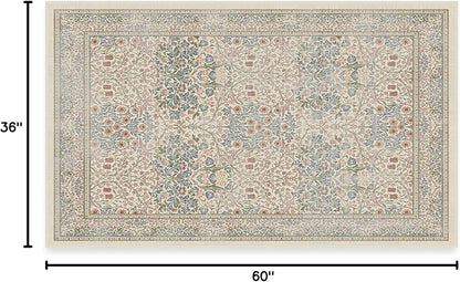 RUGGABLE x Morris & Co Washable Area Rug – Blackthorn Ivory Blue 3x5, Stain-Resistant, Non-Slip – Small Machine Washable Rugs for Living Room, Bedroom, Hallway, Entryway & Office–with Standard Pad