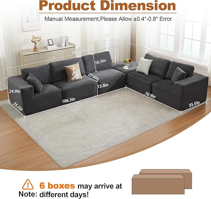 Cloud Modular Sectional Sofa Couch,L-Shape Modern Boneless Sectional Couch with Deep Seat,Upholstered Couches for Living Room Bedroom,No Assembly Required,Grey