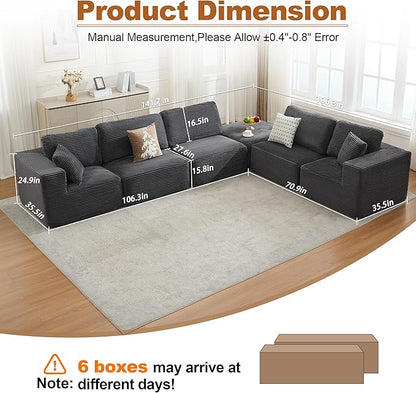 Cloud Modular Sectional Sofa Couch,L-Shape Modern Boneless Sectional Couch with Deep Seat,Upholstered Couches for Living Room Bedroom,No Assembly Required,Grey