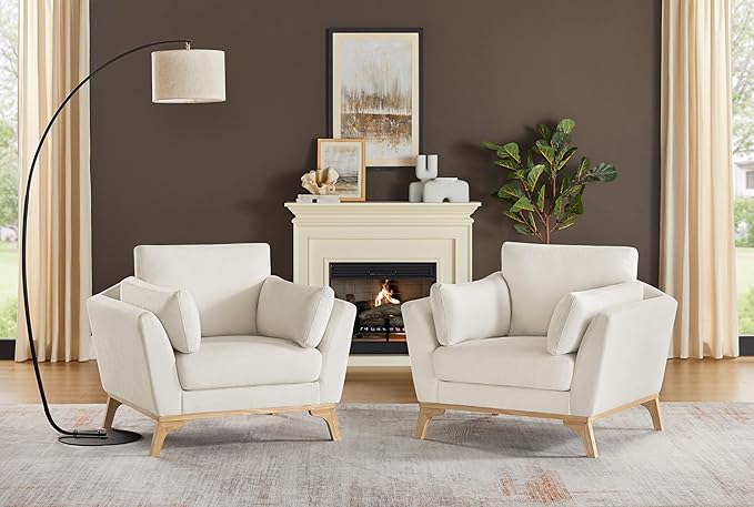 VANOMi Large-Sized Accent Chair, Thick Cushion Bedroom Reading Chair, Comfortable Living Room Single Sofa, Chenille White