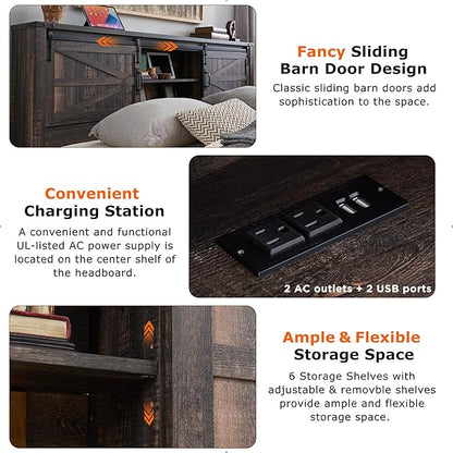 T4TREAM Farmhouse Queen Size Bed Frame w/Storage Bookcase Headboard, Sliding Barn Door, Charging Station, Rustic Wood Platform Bed w/Wood Slats Support, No Box Spring Needed, Dark Rustic Oak