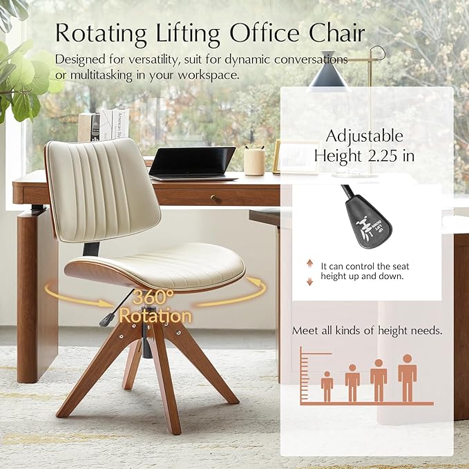 HULALA HOME Office Desk Chair with Solid Wood Legs, Adjustable Height & 360° Swivel, Comfy Bentwood Faux Leather Tufted Task Chair, Ivory