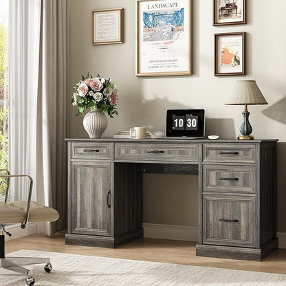 CARPETNAL 58'' Farmhouse Executive Desk with Drawers, Home Office Desk with File Drawer and Storage Cabinet, Rustic Computer Desk for Working, Studying, Writing, Grey