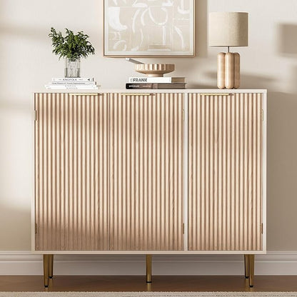 Fluted Sideboard Buffet with 3 Doors, Modern Accent Cabinet with Adjustable Shelves, Kitchen Storage Cabinet with Golden Handles, Coffee Bar for Kitchen, Living Room, Oak
