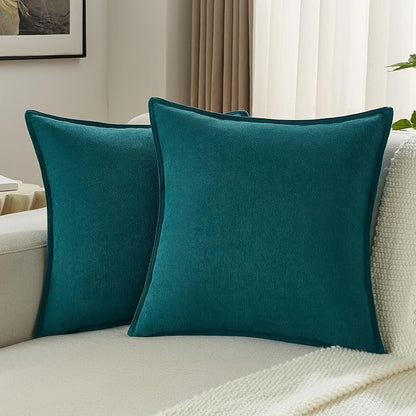 FUTEI Teal Chenille Throw Pillow Covers 22x22 Inch Set of 2,Edges Double-Stitched Cushion Cases,Modern Home Decor for Couch Living Room