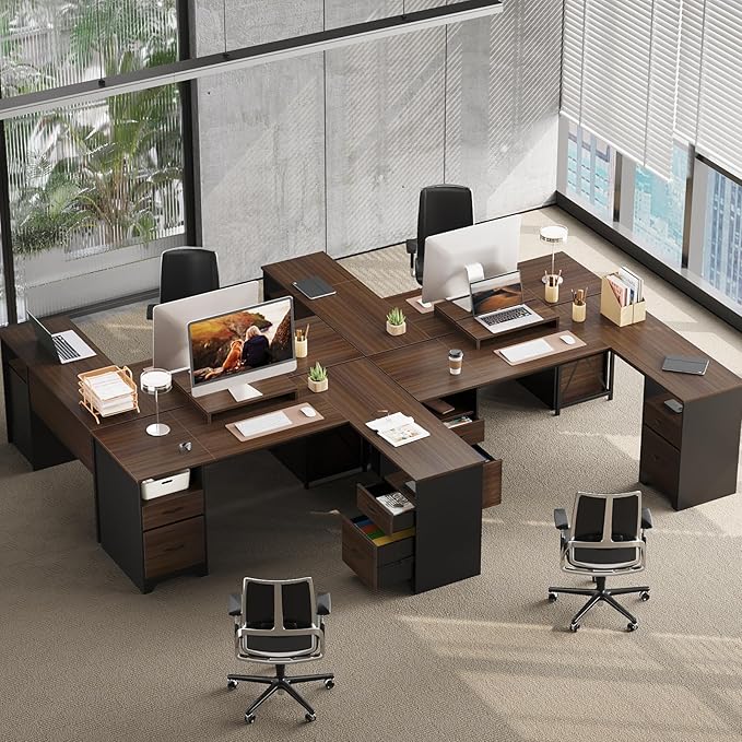 Bestier L Shaped Desk with 4 Drawers, 63" x 47" Executive Desk with Open Storage & Monitor Stand, Corner Desk with 2 File Drawers & Modesty Panel for Home Office, Cherry
