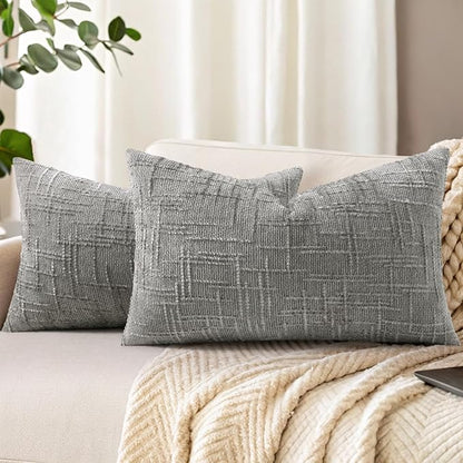 decorUhome Neutral Grey Chenille Throw Pillow Covers 12x20 Set of 2 Thick Textured Slubby Couch Pillow Covers Farmhouse Accent Modern Neutral Decorative Pillow Cases for Bed Sofa Living Room