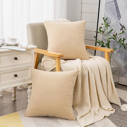 GAWAMAY Decorative Chenille Throw Pillow Covers 24x24 Inch Pack of 2, Soft Square Couch Pillow Cover for Sofa Cushion Living Room Bedroom Solid Dyed Pillowcases Beige 60x60cm (ONLY Covers)