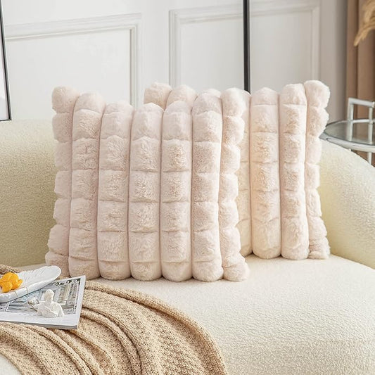 Neelvin Beige Faux Fur Cozy Soft Plaid Decorative Throw Pillow Covers 18x18 inch Set of 2,Velvet Pillowcase Cushion Case for Sofa Couch