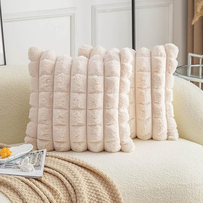 Neelvin Beige Faux Fur Cozy Soft Plaid Decorative Throw Pillow Covers 20x20 inch Set of 2,Velvet Pillowcase Cushion Case for Sofa Couch