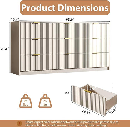 3-Piece Dresser Bedroom Set, 9 Drawer Dresser & 3 Drawer Nightstands with Gold Handles, Fluted Wood Chest of Drawers for Bedroom, Living Room, Entryway, Beige