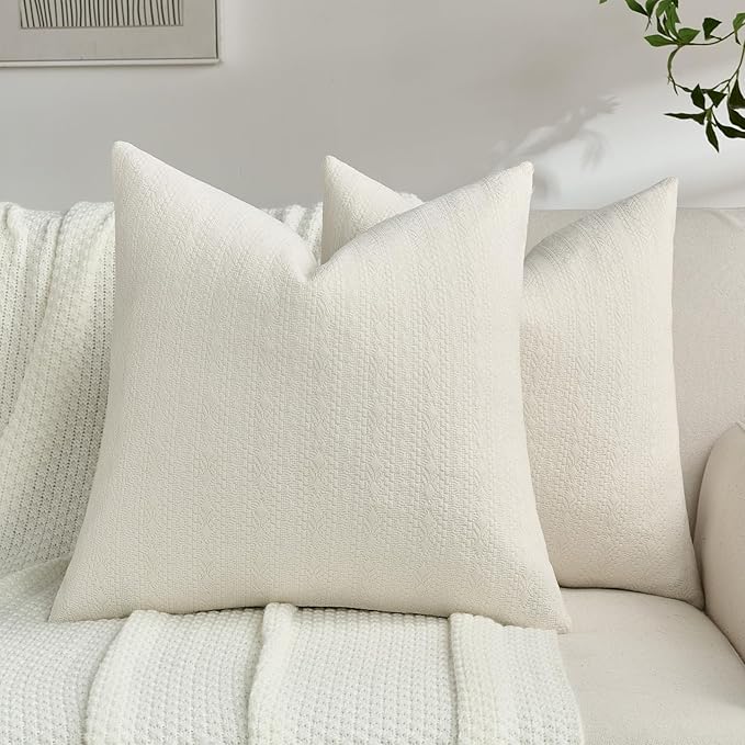FUTEI Cream Chenille Throw Pillow Covers 22x22 Inch Set of 2,Soft Striped & Diamond Textured Cushion Cases,Modern Home Decor for Couch Living Room