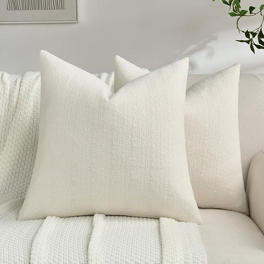 FUTEI Cream Chenille Throw Pillow Covers 22x22 Inch Set of 2,Soft Striped & Diamond Textured Cushion Cases,Modern Home Decor for Couch Living Room