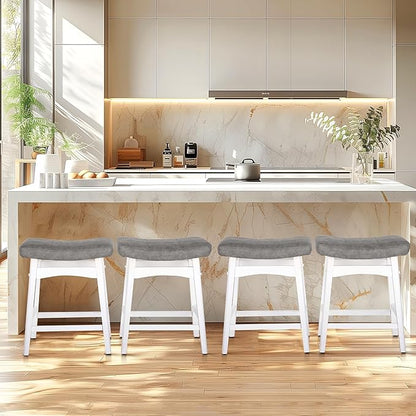 ALPHA HOME Bar Stools Set of 1, Solid Wood Saddle Kitchen Stools with Grey PU Leather Cushion Counter Height Barstools with Wooden Base for Kitchen Dining Cafe, 24 Inch, Grey, 1PCS