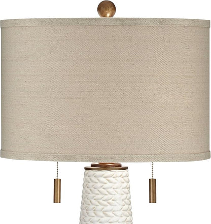 Possini Euro Design Kingston Mid Century Modern Table Lamp 32 3/4" Tall White Grooved Patterned Ceramic Taupe Drum Shade for Bedroom Living Room House Bedside Nightstand Home Office Entryway Family