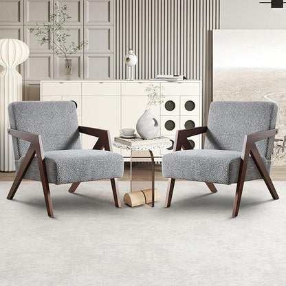 INZOY Accent Chairs Set of 2, Mid Century Modern Accent Chair with Wood Frame, Upholstered Reading Armchair with Soft Linen Fabric, Accent Chair for Living Room Bedroom Apartment, Easy Assembly, Blue