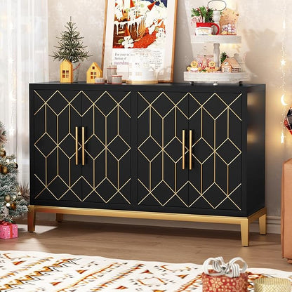 HLR Accent Cabinet with 4 Doors&Shelves, Sideboard Buffet Cabinet with Gold Trim, Modern Black Storage for Living Room, Entryway, Kitchen, Dining Room, Hallway