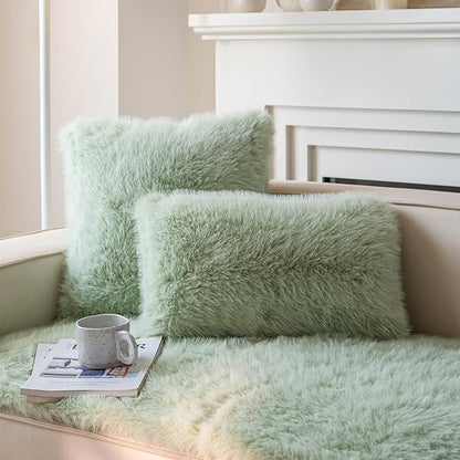 Neelvin Green Faux Fur Cozy Fluffy Double-Sided Decorative Throw Pillow Covers 16x16 inch Set of 2,Velvet Pillowcase Cushion Case for Sofa Couch