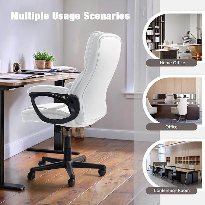 JUMMICO Executive Office Chair High Back Managerial Home Desk Chair, Adjustable Swivel Computer PU Leather Chair with Lumbar Support (White)
