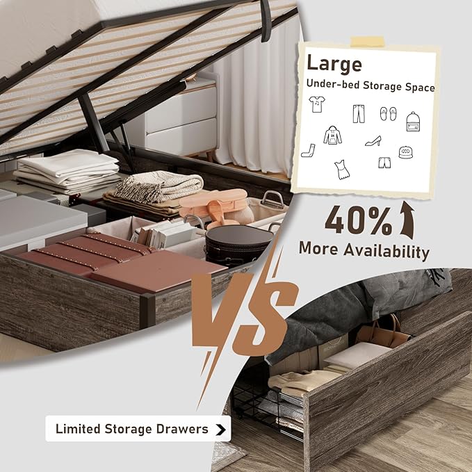 Lift Up Storage Bed Frame, King Size Wooden Platform Bed with Large Storage Underneath, No Box Spring Needed, Noise Free, Rustic Grey