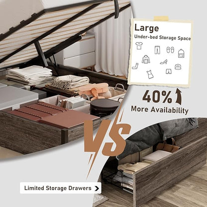 Lift Up Storage Bed Frame, King Size Wooden Platform Bed with Large Storage Underneath, No Box Spring Needed, Noise Free, Rustic Grey