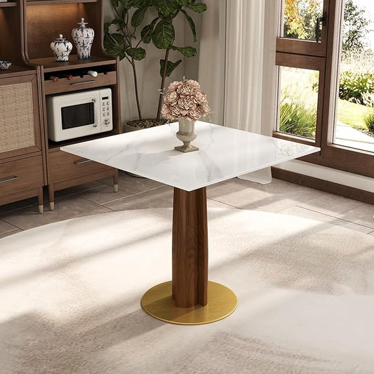 Sintered Stone Square Office Table - Meeting Desk for Small Offices (Walnut‌ Leg and White Top, 1 Table Only)