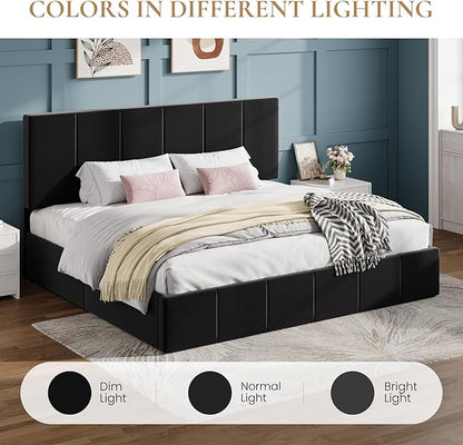 SHA CERLIN King Size Bed Frame, Velvet Upholstered Platform Bed, Vertical Channel Tufted Adjustable Headboard, Low Profile Bed Frame, No Box Spring Needed, Easy Assembly, Black