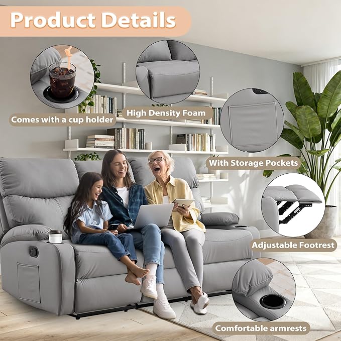 3-Seater Manual Seater Reclining Anti-Scratch 3 Seat Reclining Sofa with Side Pocket and Cupholders Reclining Loveseat Sofa for Living Room Meeting Room Bedroom Office Apartment