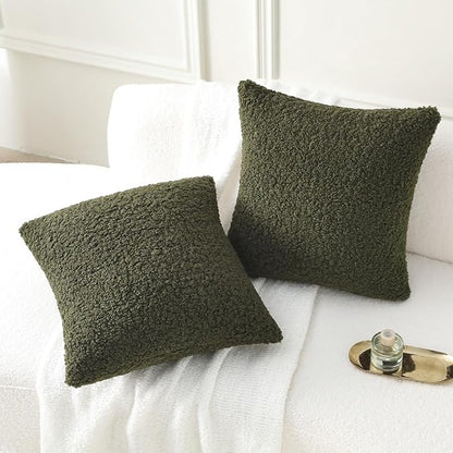 FUTEI Olive Green Throw Pillow Covers 24x24 Inch Set of 2,Furry Faux Fur Teddy Boucle Textured Cushion Covers,Soft Fluffy European Pillow Shams,Home Decor for Couch Bed Living Room Office Car