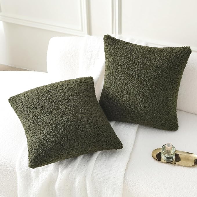FUTEI Olive Green Throw Pillow Covers 18x18 Inch Set of 2,Furry Faux Fur Teddy Boucle Textured Cushion Covers,Soft Fluffy Decorative Pillow Case,Home Decor for Couch Bed Living Room Office Car