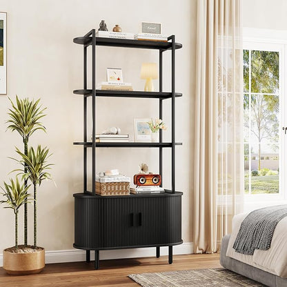 71" Tall Fluted Bookshelf with Sliding Tambour Doors, 4-Tier Mid Century Modern Metal Bookcase Cabinet w/Open Display Storage Shelf, Display Cabinet for Office, Living Room Black